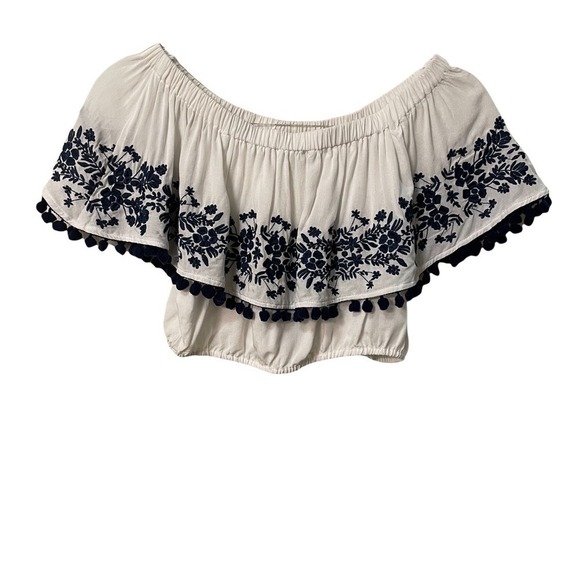 Show Me Your MuMu Women's White & Blue Embroidery Teagan Pom Pom Croptop Size S - Picture 2 of 5